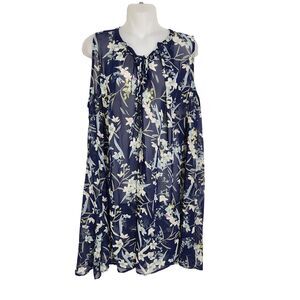 Umgee Womens Swim Coverup Sz Medium Sheer Floral Blue Sleeveless Ties Mini Dress